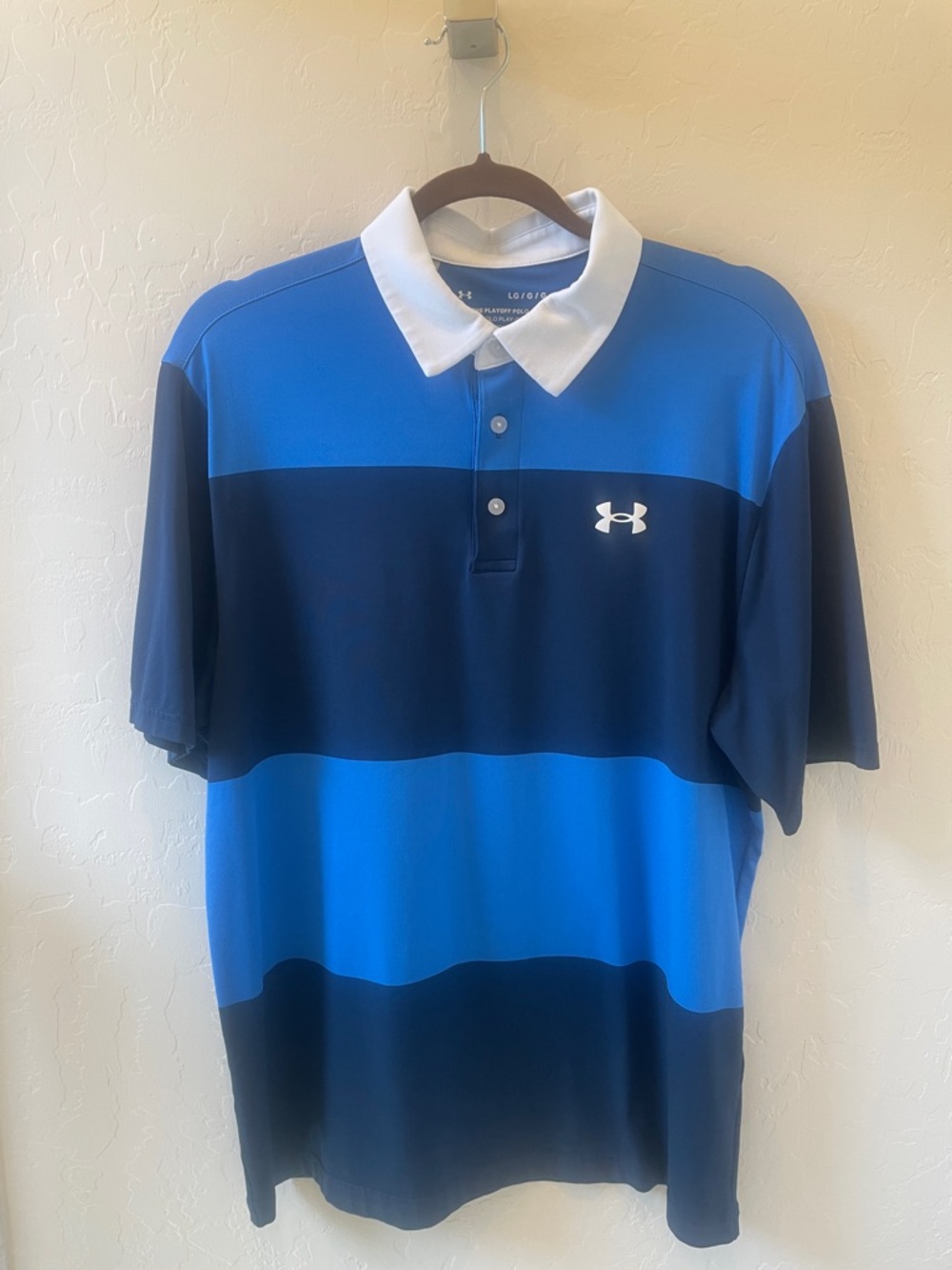 Large Under Armour Blue and Navy Rugby Striped Polo with White Collar